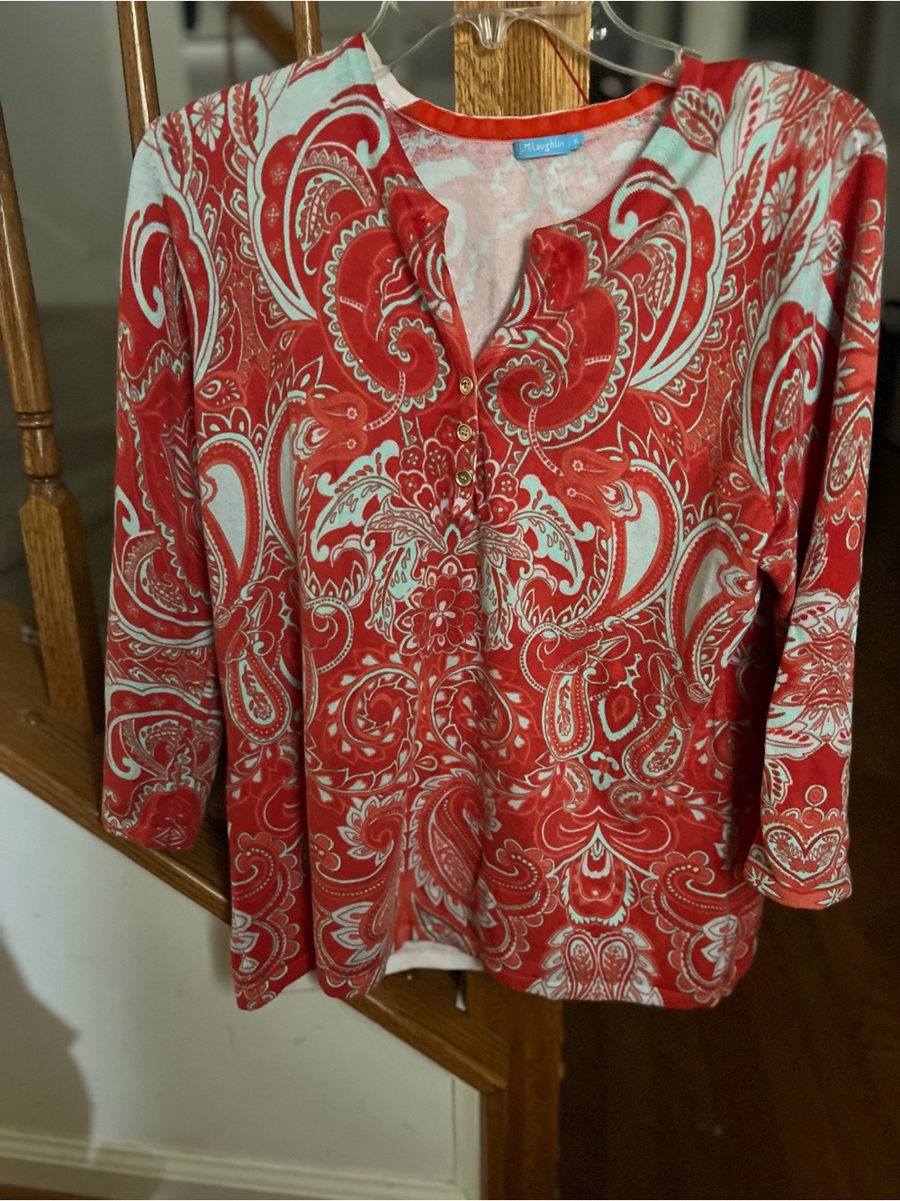 J. McLaughlin Red and White Paisley Henley Tunic Top